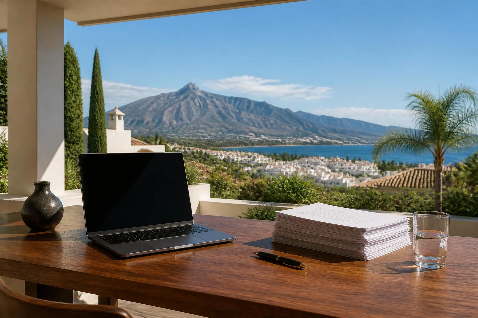Property lawyer workspace in Marbella with a laptop showing Marbella Property Law, legal documents and a Mediterranean coastal view with La Concha mountain